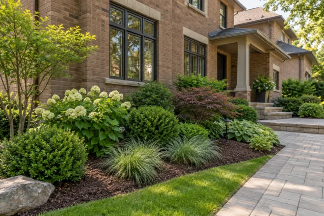 Front property with layered shrubs and accessible mulch beds