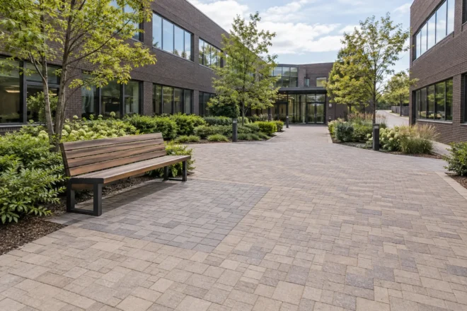 Localized flush paver reset beside a bench in a small office courtyard.