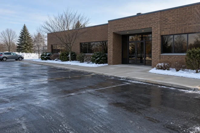 Small commercial parking area and pedestrian entrance cleared in winter