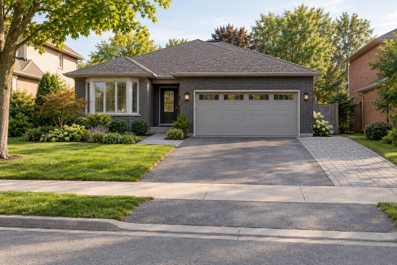 Grey paver strip beside an asphalt driveway with a separate porch walk and retained front lawn