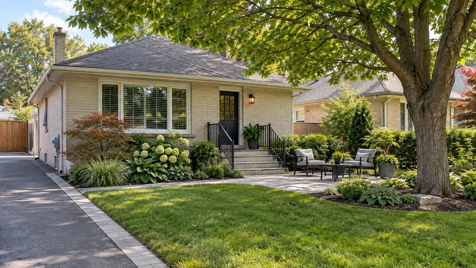 Mature tree and modest patio with room for roots and garden access