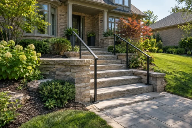 Natural-stone garden steps with handrails between low planted retaining walls.