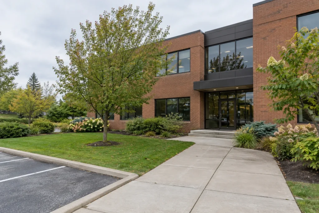 Office entrance walkway with maintained lawn and planted borders
