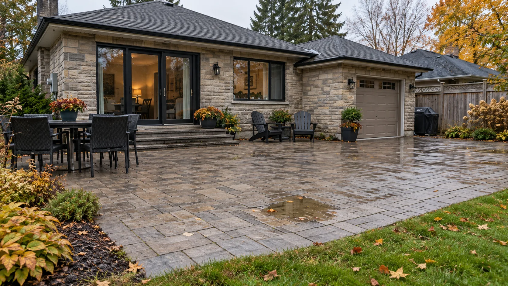 Shallow puddle in otherwise intact interlocking terrace beside a stone bungalow