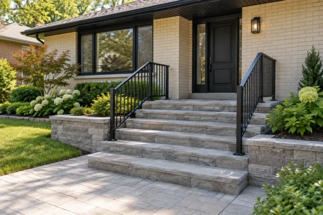 Wide stone entrance treads and black rails at a cream-brick bungalow.