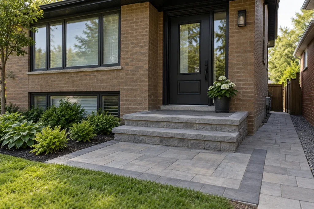 Brown-brick entrance with a bordered paver landing and two broad stone steps