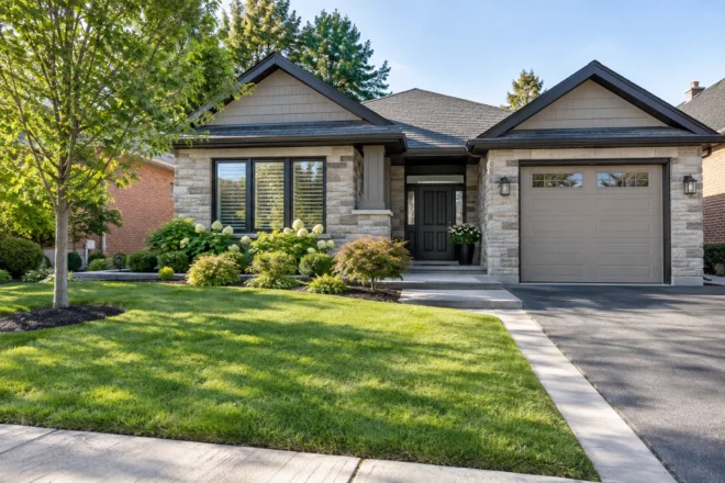 Tidy front lawn and entrance edges at a stone-accent bungalow