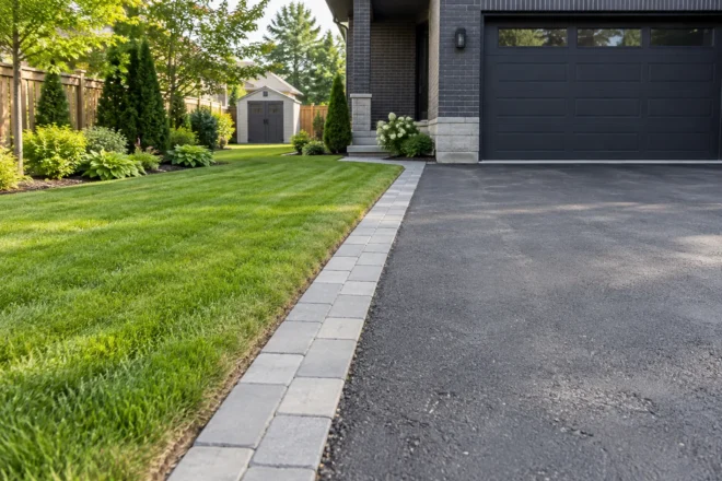 Straight paver driveway border beside a lawn and charcoal-brick home.