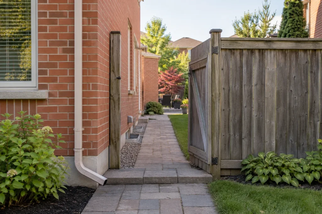 Open weathered side gate with a paved access route beside a brick house