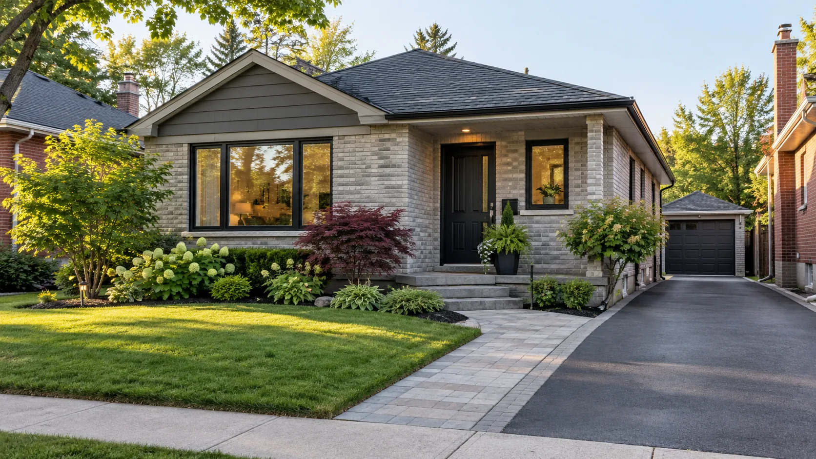 Grey-brick bungalow with a paver entry walk, driveway, lawn and layered front garden