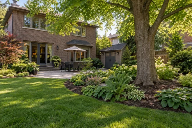 Established garden border framing a retained mature tree in a backyard