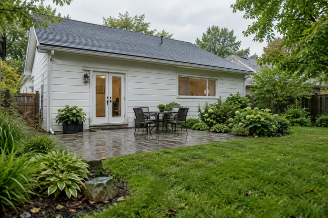 Small paver patio and lower lawn beside rear French doors