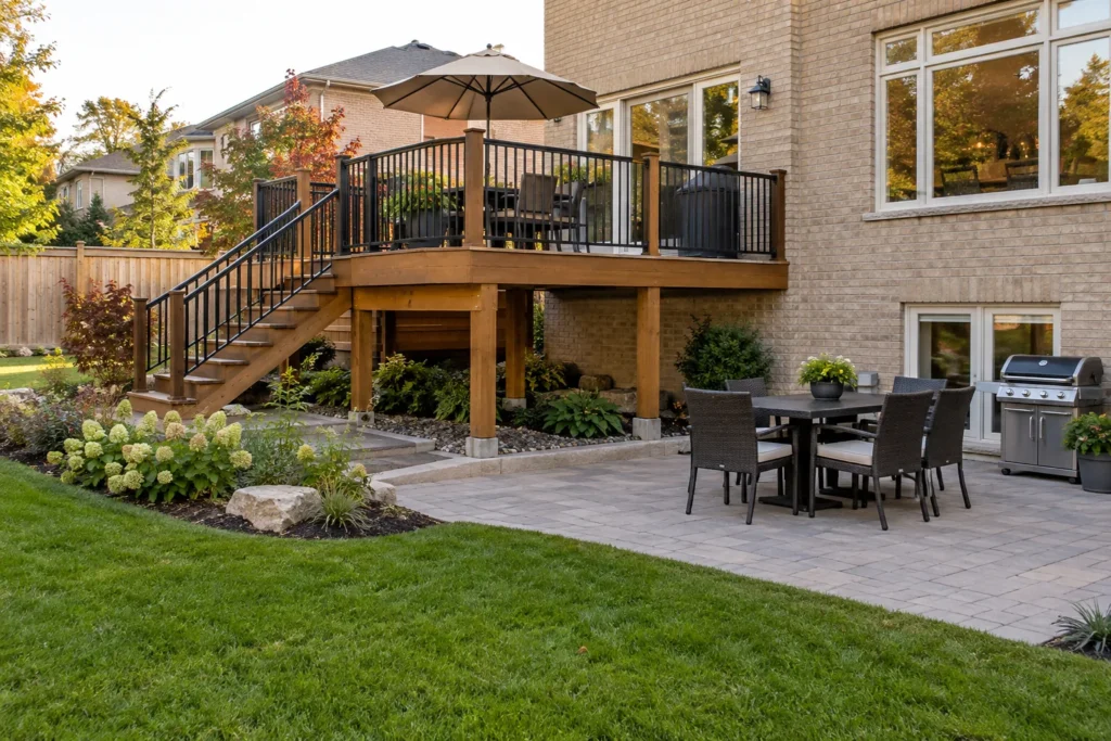 Finished dining deck connected to patio and useful lawn
