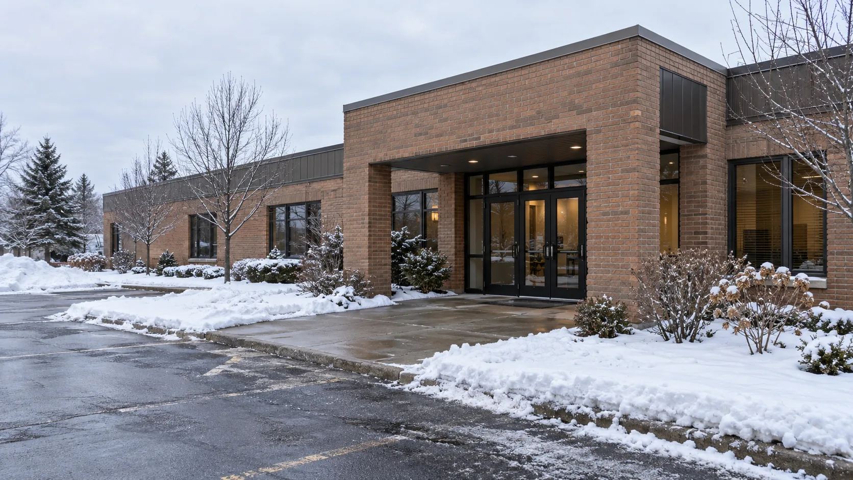 Believable commercial parking lot and entrance cleared with realistic snow-storage banks