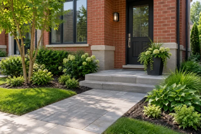 Broad landing and shallow stone steps at a red-brick townhouse entrance.