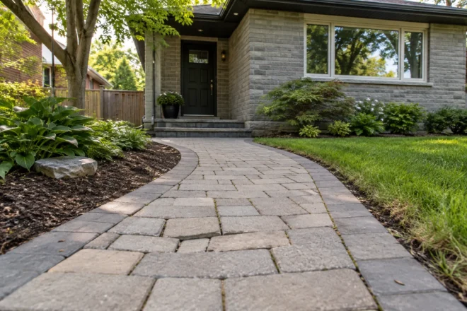 Small settled section in a front paver path at a grey-brick bungalow