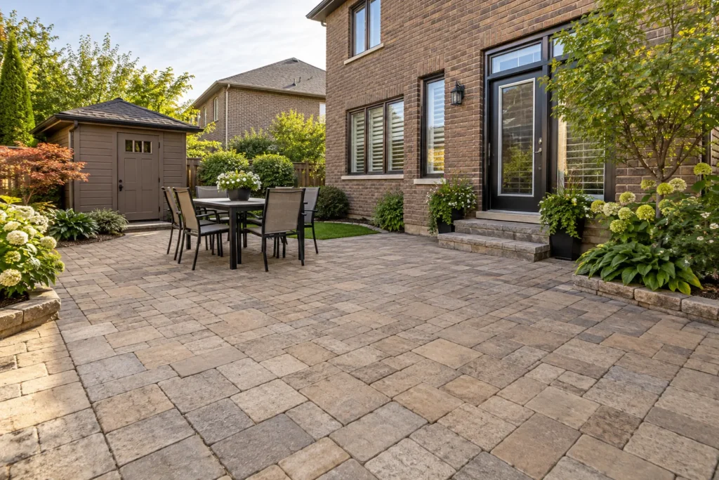 Re-laid patio area meeting existing pavers with a smooth surface transition