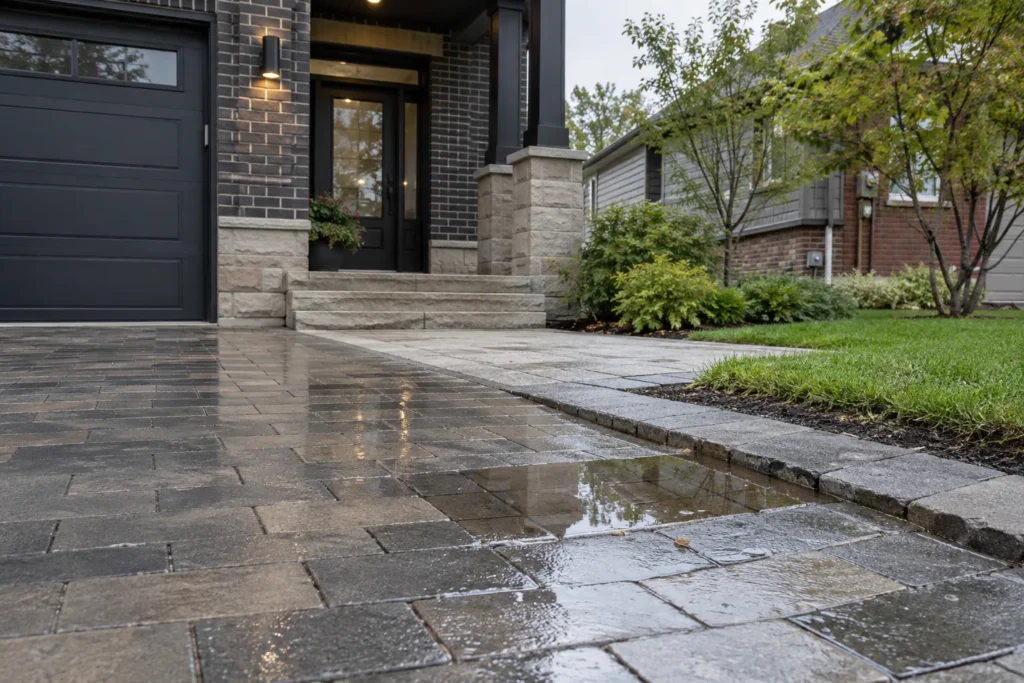 Shallow pooling at a depressed paver transition after rain