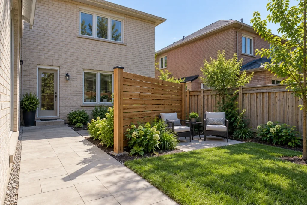 Slatted panel screening a seating corner beside an open paved route to the back door