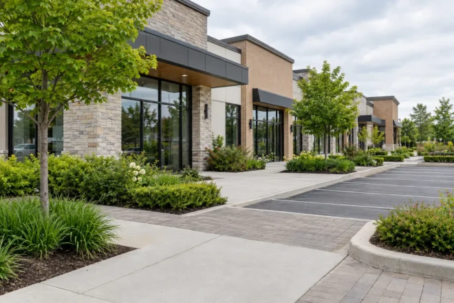 Retail plaza with clear pedestrian and vehicle areas