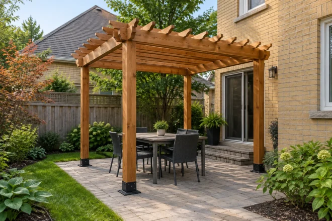 Small cedar pergola on a compact patio