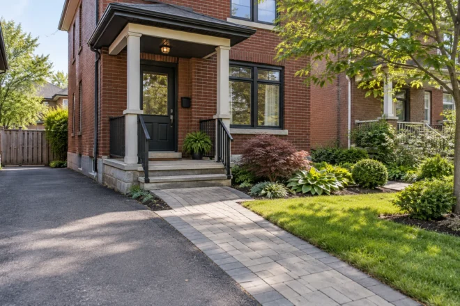 Red-brick home frontage with clear walk and modest planted beds