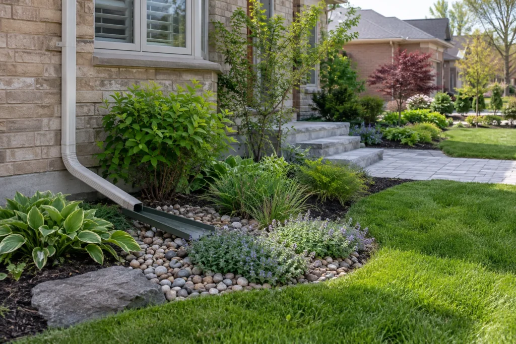 Visible roof-water outlet directed to planted permeable area