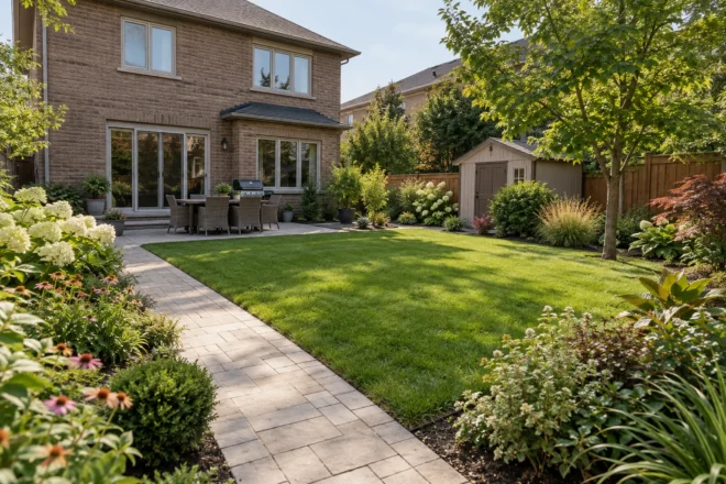 Garden-framed lawn with a clear paver care route and rear storage shed