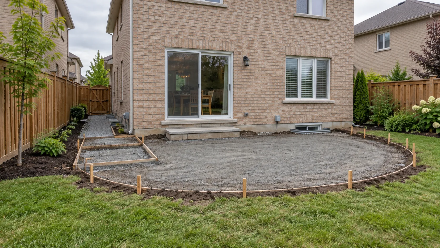 Granular patio preparation and temporary forms in an ordinary rear garden