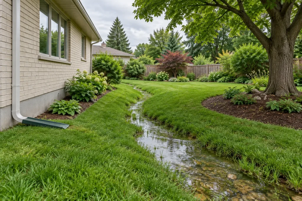 Rainwater follows a shallow grassy channel beside a bungalow and retained tree