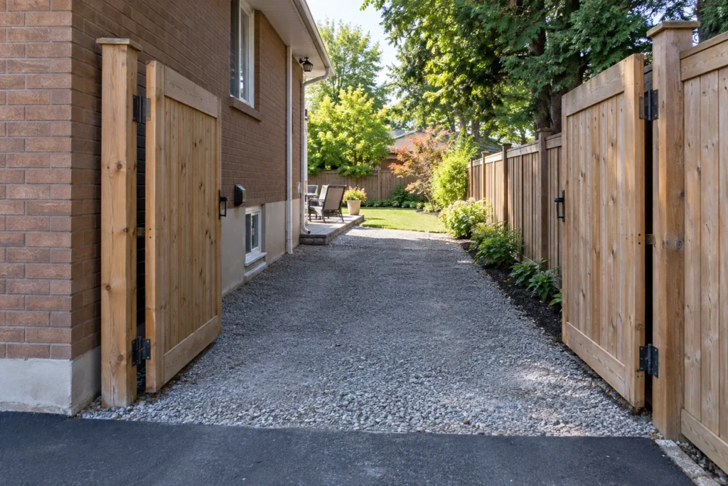 Open timber side gate with a clear granular route into the backyard