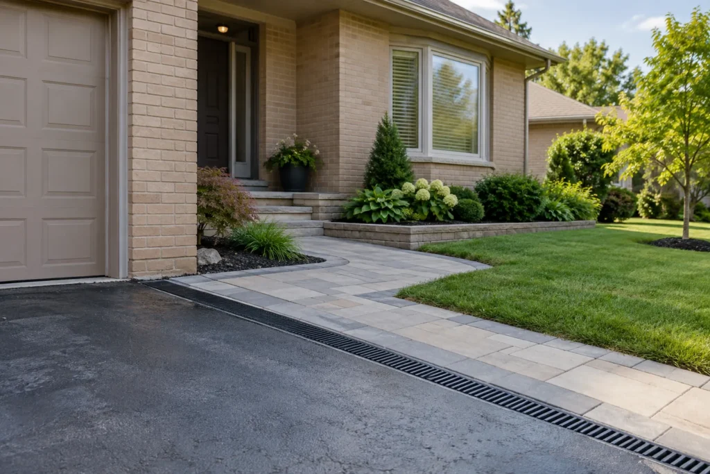 Linear drain along the driveway edge beside a separate paved entrance walk