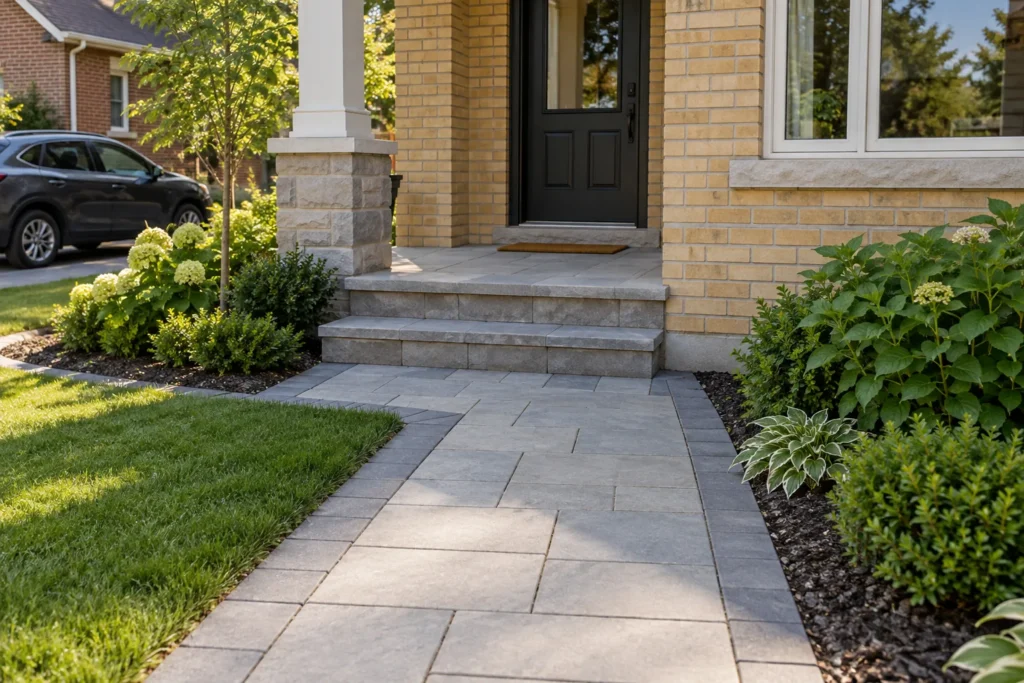 Paver walkway meeting two shallow steps and a broad porch landing at a yellow-brick house.