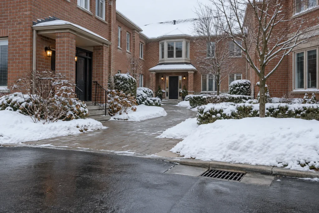 Snow bank location avoiding sightlines and drainage inlet