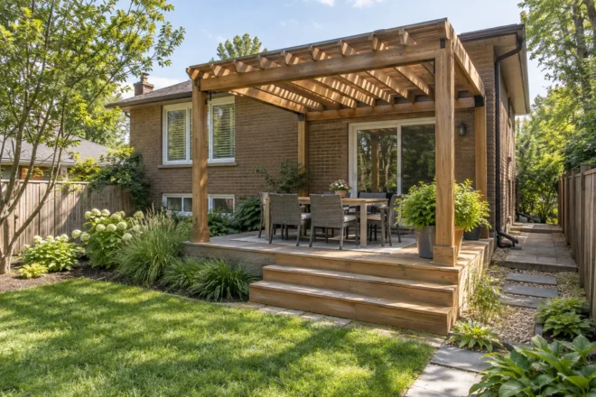 Wood pergola connected visually to a low deck