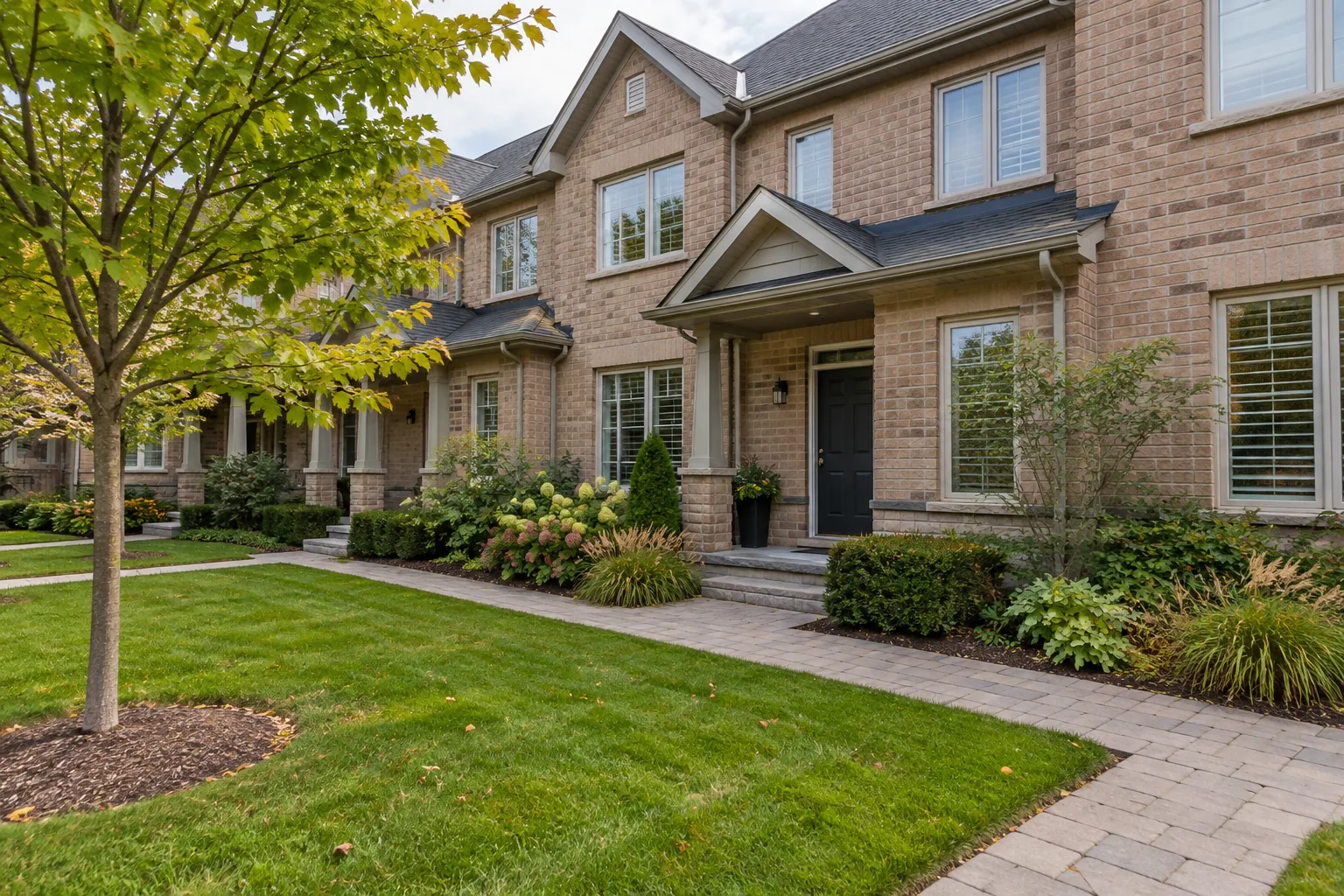 Townhouse entrances with connected walkways, mown lawn and planted beds