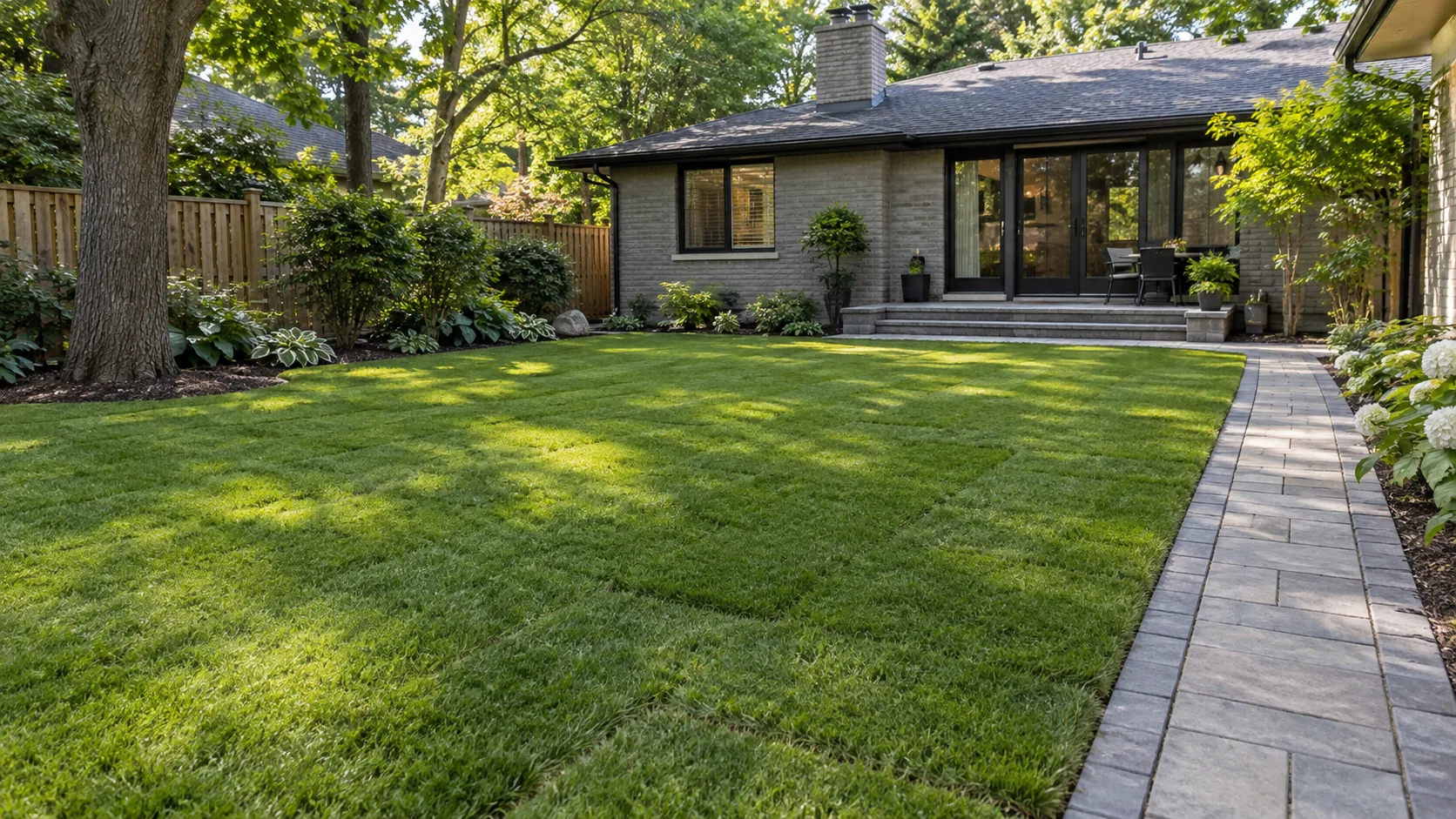 Fresh sod lawn beside a stone path behind a grey-brick bungalow