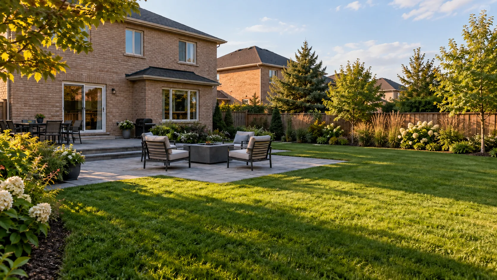 Unlit gas table and lounge chairs on a stepped paver terrace beside a tan-brick house.