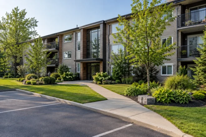 Low-rise rental building landscape frontage