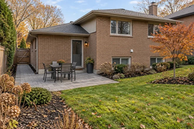 Autumn paver patio and side-gate path beside a split-level house and tidy planted borders.