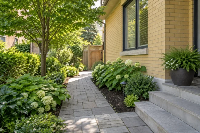 Shaded side garden and accessible path