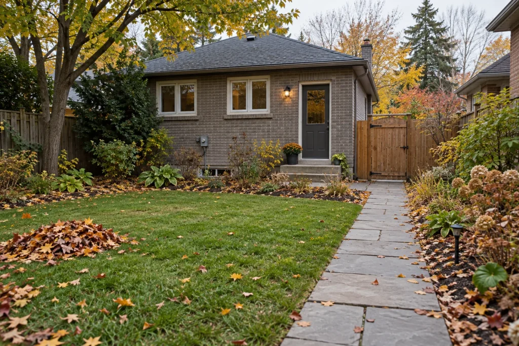 Autumn leaf pile beside a cleared rear lawn and flagstone path, with leaf cover retained in planted beds.