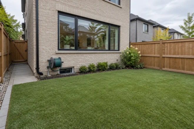 Synthetic pet-use yard with a hose reel and clear route to a side gate