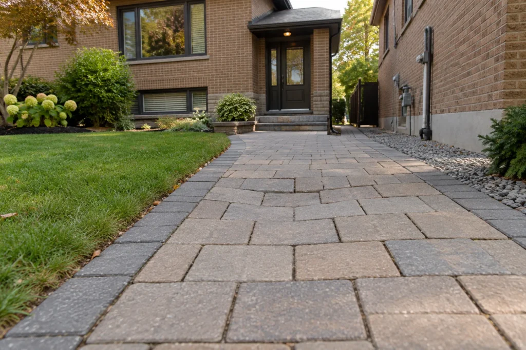 Single shallow dip in a paver path beside a brown-brick split-level home