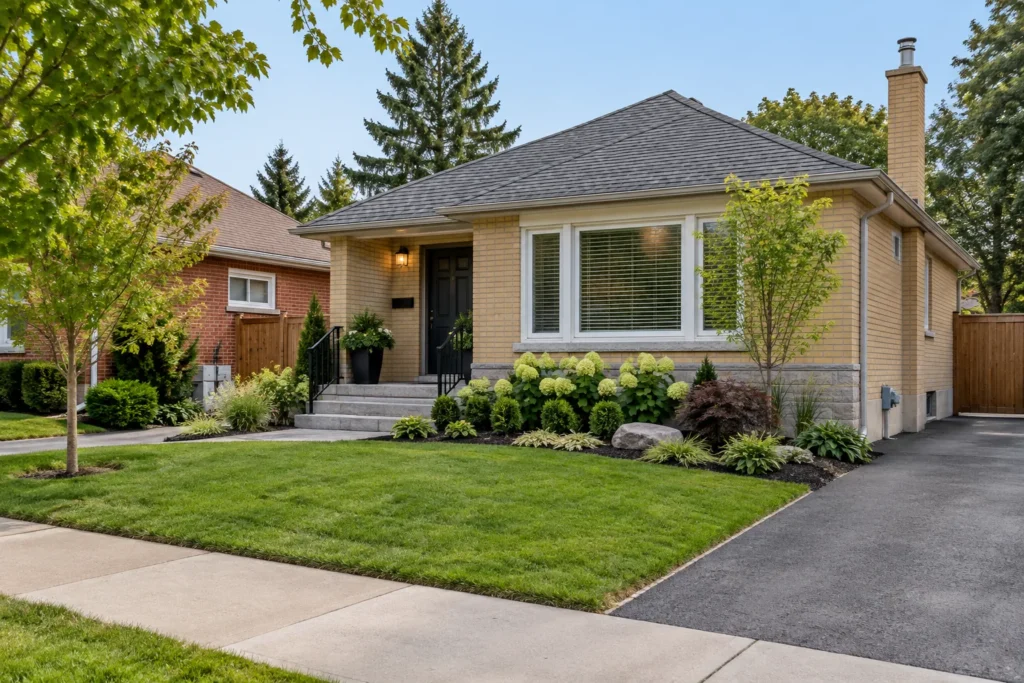 Planting, lawn and a clear entrance walk at a yellow-brick bungalow