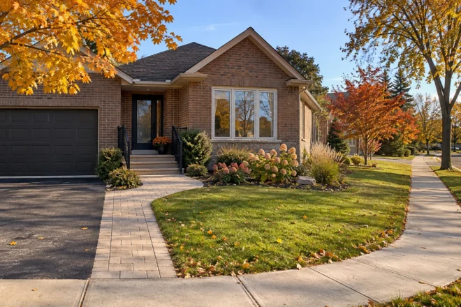 Corner front landscape with low planting and open sightline