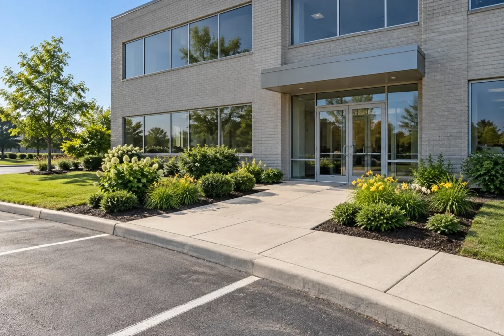 Low planting preserves a broad clear approach to a small office entrance.