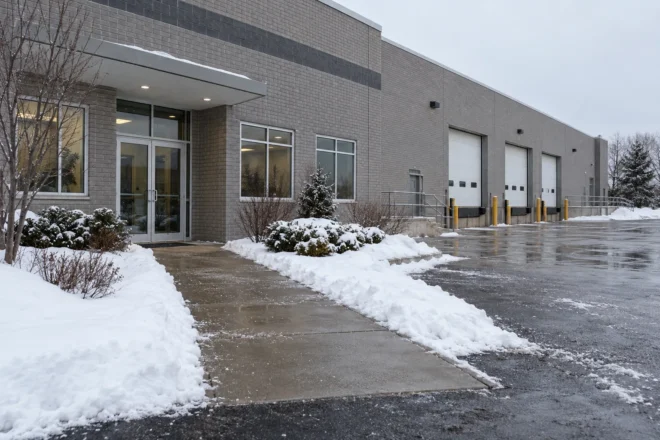 Industrial employee entrance with clear winter path