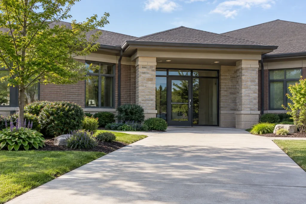 Clean office entrance approach framed by low shrubs and tidy perennial beds.