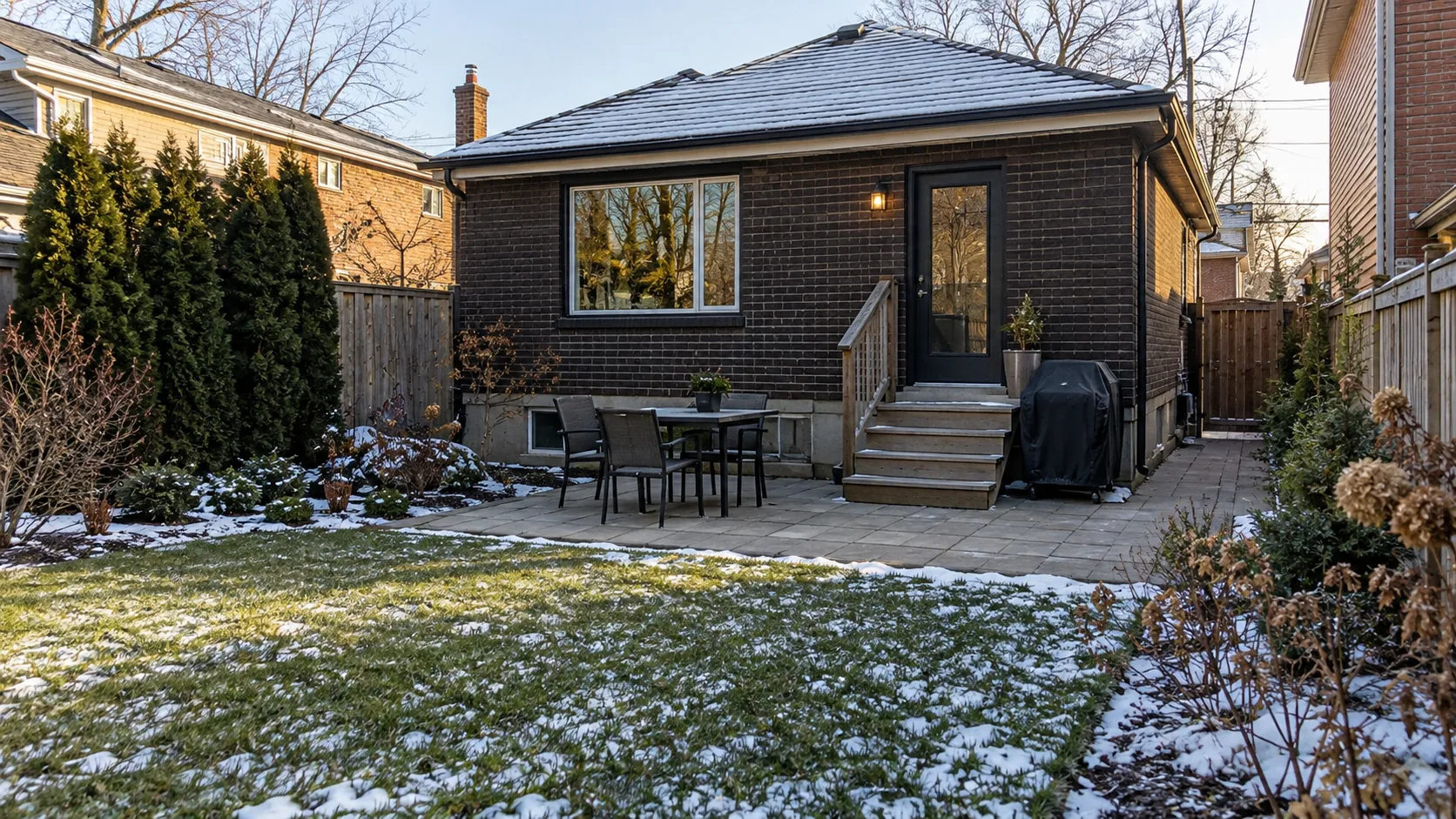 Compact backyard with lawn, patio, garden beds and a clear side route